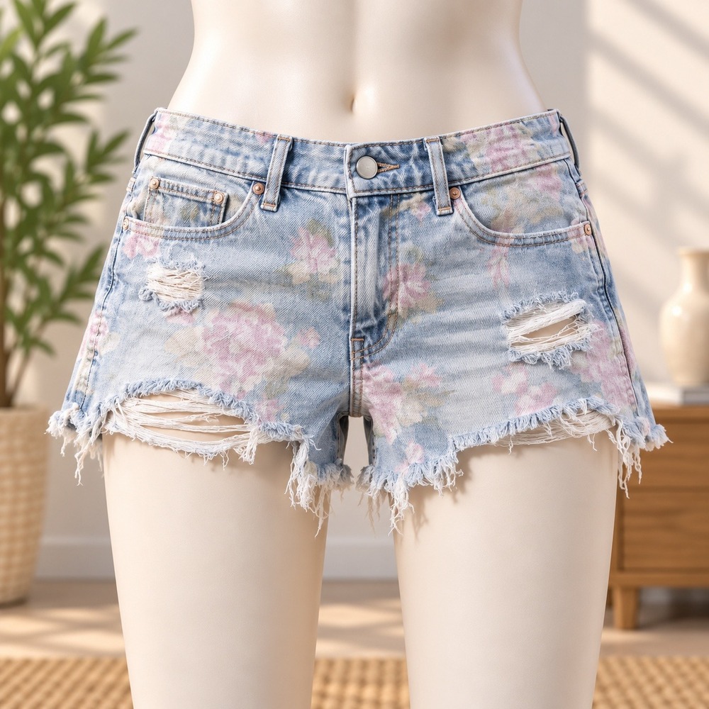 Hollister Denim Shorts Womens 3 W26 Blue Floral Distressed High Rise Short-Short